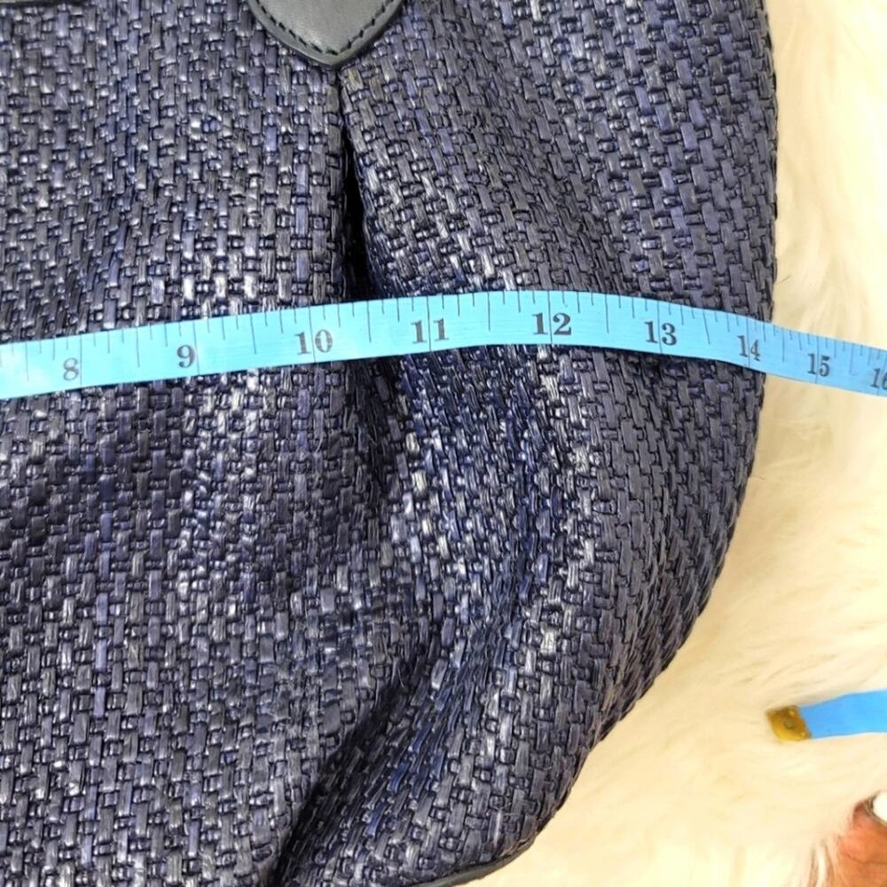 J. CREW Navy Blue Brompton Woven Straw Leather Trim Satchel Handbag Quiet Luxury - Picture 10 of 14